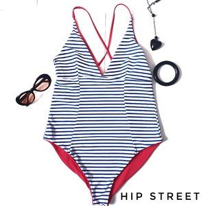 Reversible Stripe to Solid One Piece Swim Suit M
